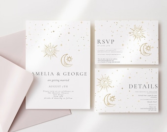 Celestial Wedding Invitation Suite-Wedding Invitation Stars, Rsvp & Details Cards, Moon Wedding Invitation Set, Editable Printable Downloads
