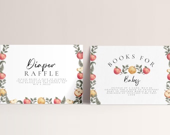 Kaarten met appelthema babyshower luierloterij en boeken | Bewerkbare babyshower-uitnodigingen voor herfst | Afdrukbare appel van ons oog, direct downloaden