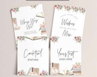 Book Themed Bridal Shower Party Signs -Book Shower Decor, Library Bridal Shower Signs,Storybook Bridal Shower Games Signs, Editable Download