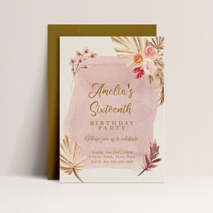 Convite de aniversário de grama de pampas - convite editável Boho, convite de folha de palmeira, convite de festa Boho, download instantâneo de aniversário de grama de pampas