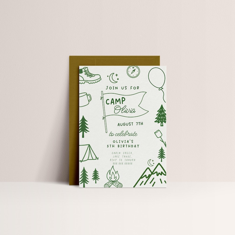 May include: A white invitation card with a green border and a matching envelope. The invitation features green illustrations of camping elements, including a tent, trees, and a campfire. Text on the card reads "Camp Olivia" and details for a 5th birthday celebration.