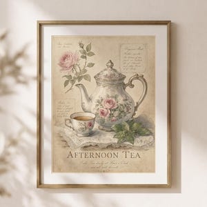 May include: A framed wall art print featuring a vintage-style illustration of a porcelain teapot and teacup decorated with pink roses, green mint leaves, and lace, with the text "AFTERNOON TEA" and "Take Tea daily at Four o'Clock".