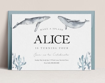 Editable Whale Birthday Invitation - Under The Sea Birthday Invitation, Whale Party Invitation, Sea Animal Birthday Invite, Instant Download