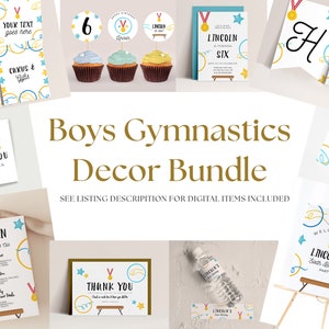 Boys Gymnastics Party Decor Bundle - Gymnastics Party Favors, Gymnastics Party Banner, Gymnast Birthday Invite & More Editable Downloads