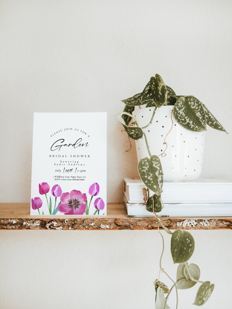 Garden Bridal Shower Invitation-Tulip Bridal Shower Invite, Purple Bridal Shower Invite, Watercolor Flowers, Floral Invite Editable Download image 4