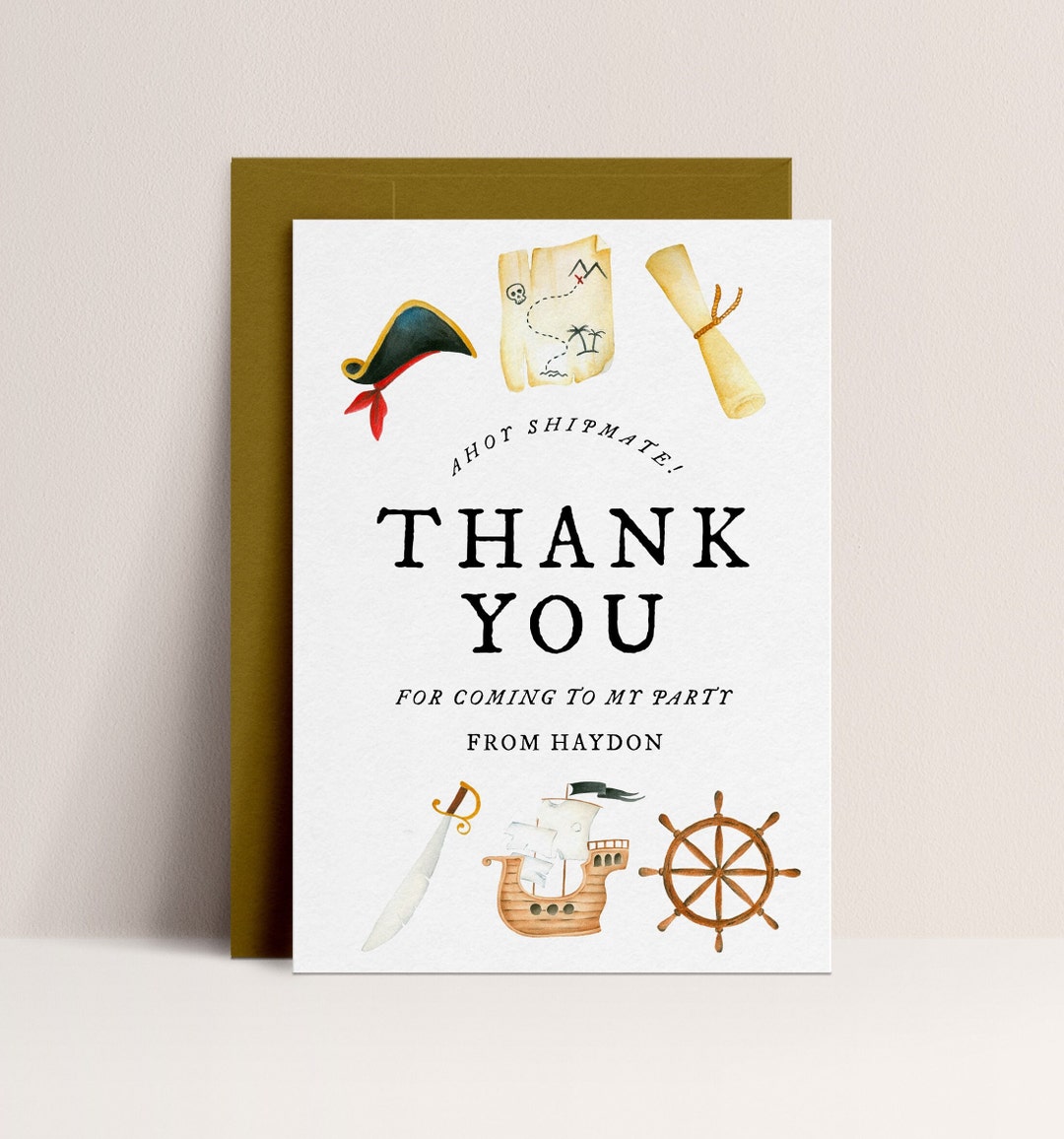 Pirate Thank You Card - Pirate Birthday Kids, Pirate Birthday Party ...