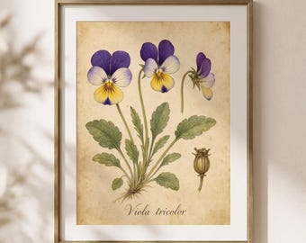 Pansy Botanical Print, Viola Tricolor Watercolour Style Plate, Sepia Floral Wall Art (Physical Print)