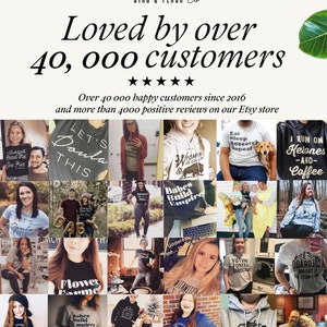 May include: A collage of photos featuring people wearing t-shirts with various designs and slogans. The text "Loved by over 40,000 customers" is at the top of the image. The text "Over 40 000 happy customers since 2016 and more than 4000 positive reviews on our Etsy store" is below the collage.