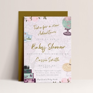 Bewerkbare wereldkaart baby shower uitnodiging - reizen avontuur uitnodiging meisje, reizen thema baby shower uitnodiging koffer, Instant Download