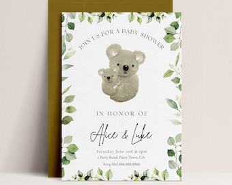 May include: A white baby shower invitation with green eucalyptus leaves and two koala bears. The text reads "Join us for a baby shower in honor of Alice & Luke. Saturday June 2nd at 2pm, 1 Party Road, Party Town, CA. Rsvp Mel 888.888.8888"