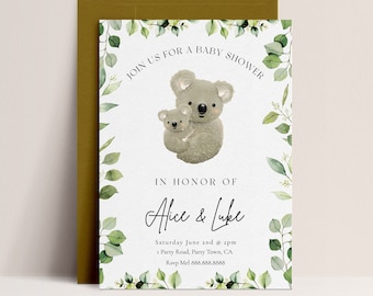 Koala Theme Baby Shower Invitation - Editable Koala Invitation, Australian Baby Shower, Greenery, Eucalyptus Baby Shower, Printable Download