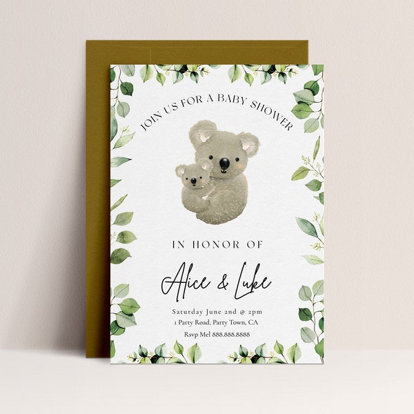 Koala Theme Baby Shower Invitation - Editable Koala Invitation, Australian Baby Shower, Greenery, Eucalyptus Baby Shower, Printable Download