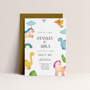 Dinosaur and Unicorn Invitation -Joint Birthday Party Invitation, Unicorn and Dinosaur Party, Sibling Birthday Invitation, Editable Download