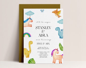 Dinosaur and Unicorn Invitation -Joint Birthday Party Invitation, Unicorn and Dinosaur Party, Sibling Birthday Invitation, Editable Download
