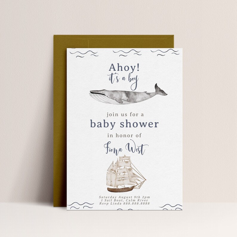 Sailboat Baby Shower Invitation Nautical Baby Shower Invitation, Boy Baby Shower Invite Blue, Whale Invitation, Editable Instant Download image 1