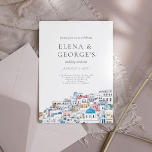 Modello di invito per matrimonio in Grecia - Invito per matrimonio in Italia acquerello, invito per matrimonio a Santorini, tema mediterraneo, download modificabile