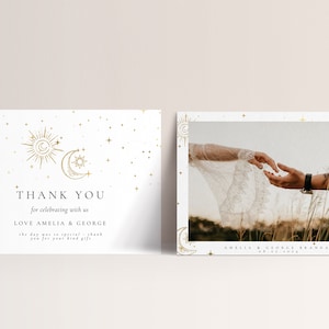 Himmlische Hochzeit Dankeskarte - Stern Hochzeitsdeko, Mond Hochzeitseinladung, himmlische Hochzeitseinladung, Gold, bearbeitbare Sofort Download