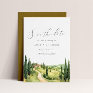 Tuscany Wedding Save the Date Template - Italy Save the Date digital, Tuscany Wedding Invitation Watercolor, Vineyard, Editable Download