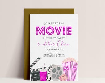 Editable Movie Night Birthday Invitation Girl Pink Cinema Invite ...