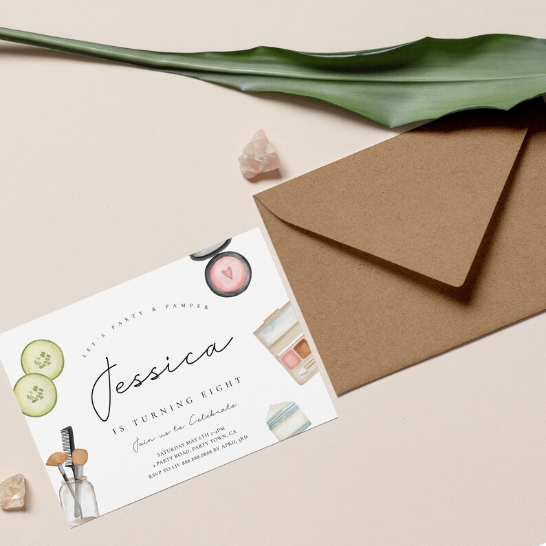May include: A pink and white invitation card with watercolor illustrations of makeup and beauty products. The text reads "Let's Party & Pamper Jessica is turning eight. Join us to celebrate Saturday May 7th at 4 PM. Party Road, Party Town, CA. RSVP to Liv by April 12th."
