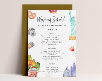 Plantilla de itinerario para despedida de soltera en Nueva York: Planificador de viajes a Nueva York, Horario de fin de semana en Nueva York, Itinerario en Nueva York, Plan de despedida de soltera, Descarga editable