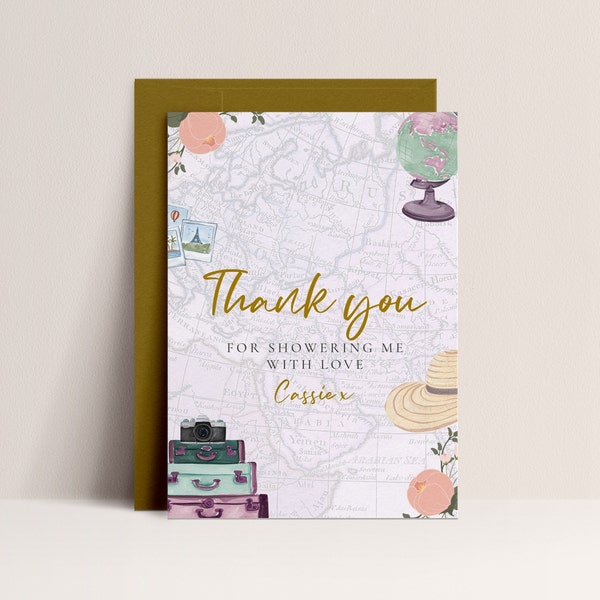 Travel Thank You Card -Travel Baby Shower, Travel Theme Baby Shower, World Map Thank You Card, Travel Theme Party, Editable Instant Download