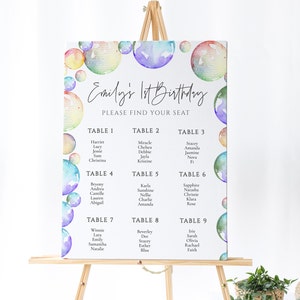 Bubble Geburtstags-Sitzplan - Bubble-Themen-Dekor, Bubble-Willkommens-Schild, Pastelle, Bubble-Geburtstags-Dekor, Kinder-Party-Dekor, bearbeitbarer Download