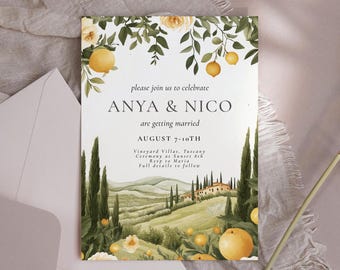 Plantilla de invitación de boda en bodega: invitación de boda italiana en acuarela, invitación de boda en Toscana, invitación de boda en Florencia, descarga editable