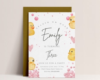 Duck Birthday Party Invitation-Duck Party Invite, Girls Birthday Invitation, Kids Birthday Invite, Yellow, Pink Editable Digital Download