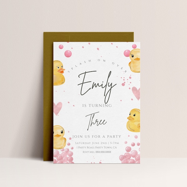 Duck Birthday Party Invitation-Duck Party Invite, Girls Birthday Invitation, Kids Birthday Invite, Yellow, Pink Editable Digital Download