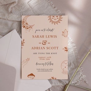 Plantilla de invitación de boda de tarot -Invitación de boda de carta de tarot, tema de la luna, boda de estrellas, invitación de boda boho, descarga digital editable