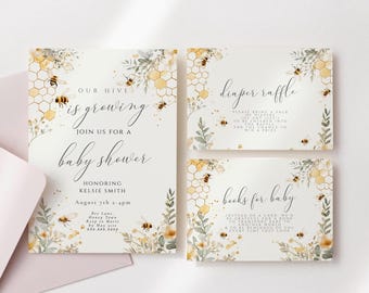 Inbjudningsset för babyshower med bitema - Babyshowerinbjudningssvit med bitema, lotteri med blöjor och bokkort, könsavslöjande redigerbar direktnedladdning