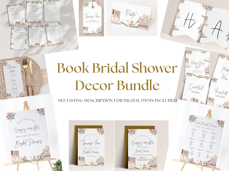 Op de afbeelding: Een printbare boekenthema bruiloft douche decor bundel met een aquarel bloemenontwerp. De bundel bevat borden, tafelkaarten en een zitplaatskaart. De tekst op de borden omvat "Happy Ever After", "Welcome to Sade's Bridal Shower", "Thank You", "Cocktail Station", "Where Were You?", "Your Text Goes Here", en "Sade's Bridal Shower, Please Find Your Seat".