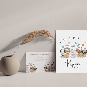 May include: A certificate of adoption for a puppy with a white background and colorful confetti. The certificate says "Certificate of Adoption" and "Adopt a Puppy".