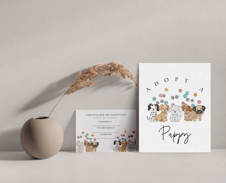 May include: A certificate of adoption for a puppy with a white background and colorful confetti. The certificate says "Certificate of Adoption" and "Adopt a Puppy".