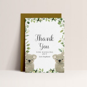 Koala Party Bedankkaart - Koala verjaardagsfeestje, Koala Party Decorations, Koala thema, groen, beer, bewerkbare Instant Download