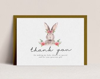 Cartão de agradecimento para chá de bebê de coelho - Modelo de chá de bebê de coelho, Chá de bebê de primavera para meninas, Chá de bebê de coelho para Páscoa, Coelho editável para download