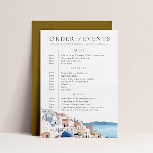 Plantilla de itinerario de Santorini: itinerario de Grecia, invitación de boda digital de Santorini, detalles de boda en Grecia, descarga digital editable