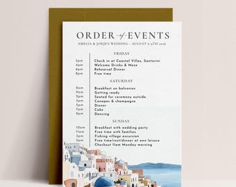 Santorini Itinerary Template - Greece Itinerary, Santorini Wedding Invitation Digital, Greece Wedding Details, Editable Digital Download