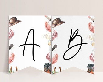 May include: A white banner with a pink and brown pattern featuring cowboy hats, boots, microphones, and champagne glasses. The banner is divided into two sections, each with a large black letter, "A" and "B".