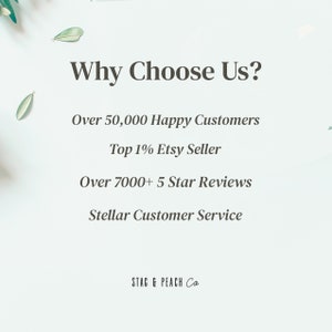 May include: Text graphic on a light blue background with green foliage on the sides. The text reads "Why Choose Us?" followed by four bullet points: "Over 50,000 Happy Customers", "Top 1% Etsy Seller", "Over 7000+ 5 Star Reviews", and "Stellar Customer Service". The text "STAG & PEACH Ca" is at the bottom of the graphic.