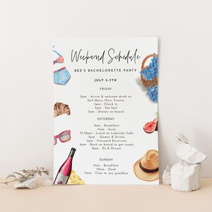 May include: A watercolor illustration of a weekend schedule for a bachelorette party. The schedule includes activities like a welcome drink, dinner on board, swimming, games, and a vineyard excursion. The illustration features various icons like a sailboat, a croissant, sunglasses, a wine bottle, and a straw hat.