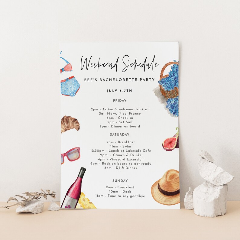 May include: A watercolor illustration of a weekend schedule for a bachelorette party. The schedule includes activities like a welcome drink, dinner on board, swimming, games, and a vineyard excursion. The illustration features various icons like a sailboat, a croissant, sunglasses, a wine bottle, and a straw hat.