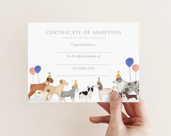 Puppy Adoption Certificate - Adopt a Puppy Certificate, Puppy Birthday Decor, Dog Theme Birthday Party, Minimal, Editable Instant Download