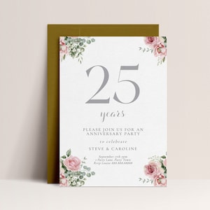 25th Anniversary Invitation Template - Silver Anniversary Party Invitation, Floral Invite, Greenery, Vow Renewal Editable Printable Download