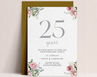 25th Anniversary Invitation Template - Silver Anniversary Party Invitation, Floral Invite, Greenery, Vow Renewal Editable Printable Download