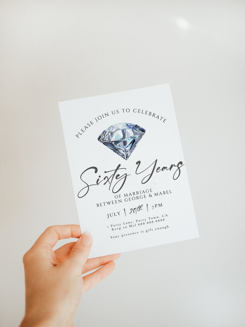 60th Wedding Anniversary Invite Template-60th Anniversary Party Invitation, Diamond Anniversary Decor, Vow Renewal invite, Editable Download image 4