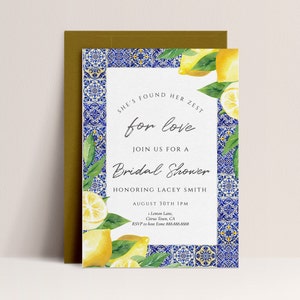 Mediterrane Brautdusche einladen - Zitrone Brautdusche Einladung, blaue Fliese, italienische Brautdusche einladen, bearbeitbare druckbare Download