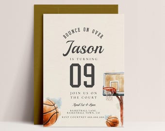 Basketinbjudan för barn - Mall för basketinbjudan, basketinbjudan i vintagestil, basketfödelsedagspojke, direktnedladdning