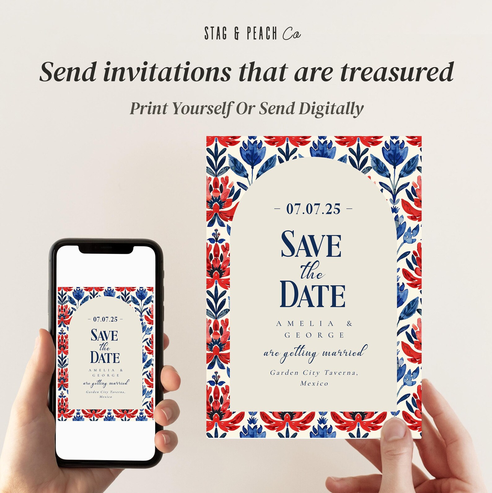 Mexican Wedding Save the Date Template-blue & Red Talavera Wedding ...
